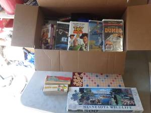 lot 44 image: Lot Of VHS Movies & Games, Scrabble, Puzzles, Dominoes