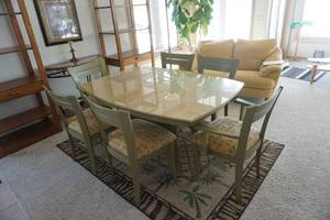 Glass Top Wood Kitchen Dinning Room Table With 6 Padded Chairs