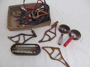 lot 87 image: vintage brackets, booster cables,curry combs