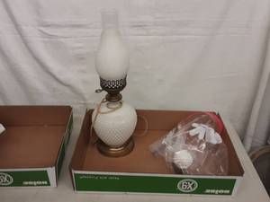 lot 26 image: Hobnail Milk Glass Floor Lamp, Table Lamp & Vase
