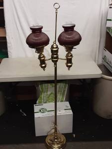 lot 27 image: Heavy Brass Floor Lamp (ChimneysRed Glass Shades)