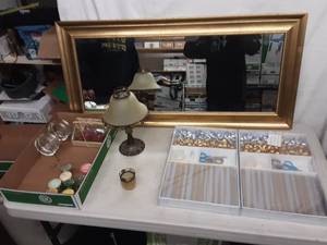 lot 32 image: Mirror 41x19, 2-New Gift Wrap Sets, Votive Candles & Lamp