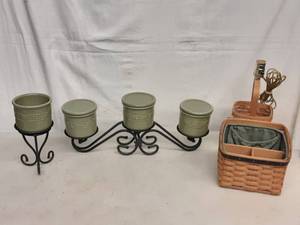 lot 35 image: Longaberger Pottery With Stand, Basket & Basket Lamp
