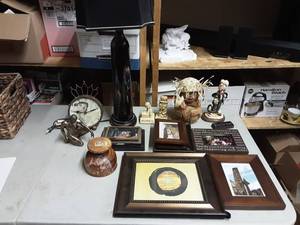 lot 50 image: Black Lamp With Shade, Clock, Carved Coconut, Figurines & Frames