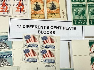 lot 20 image: Lot Of (17) Different 5-Cent Stamp Plate Blocks