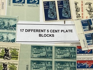 lot 21 image: Lot Of (17) Different 5-Cent Stamp Plate Blocks