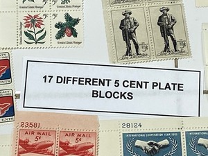 lot 22 image: Lot Of (17) Different 5-Cent Stamp Plate Blocks