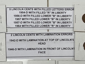 lot 25 image: (2) Lamination Error Lincoln Cents & (5) Filled-Letter Lincoln Cents