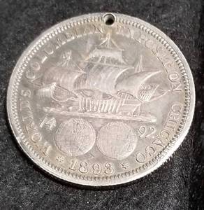 lot 20 image: 1893 US COLUMBIAN EXPO  HALF DOLLAR SILVER COMMEMORATIVE HOLED