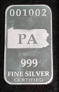lot 29 image: 1 TROY OZ. .999 FINE SILVER BAR PA US SILVER CORP