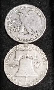 lot 40 image: 2 SILVER HALF DOLLARS 1 WALKING LIB 1 FRANKLIN