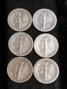 lot 50 image: GROUP OF 6 MERCURY DIMES AS PICTURED