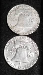 lot 55 image: 2 FRANKLIN HALF DOLLARS 1957-D 1963-D