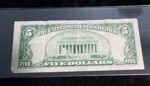 lot 11-A image: 1934-C US BLUE SEAL $5 SILVER CERTIFICATE