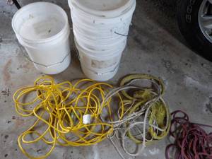 lot 187 image: Extension Cord, Rope and 5 Gallon B...