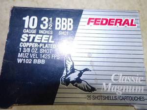 lot 3 image: Federal 10 Gauge 3 12 BBB Steel Shot Full Box Shotgun Shells