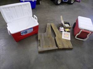 lot 26 image: Pair of Coolers and Bench parts, Vintage Butter wrapper, Square D Circuit breaker and more