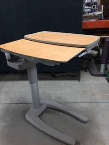 lot 62 image: MSRP $1000 Stryker Tru-Fit Split Top Height Adjustable Overbed Table with Vanity Mirror & Extra Storage - Excellent Condition