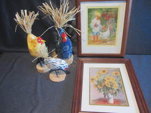 lot 390 image: Chicken Watercolors, Wooden Chickens