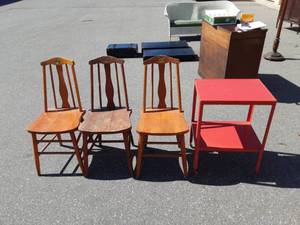 lot 29 image: 3-Wood Kitchen Chairs, 1-Red Kitchen Metal Cart