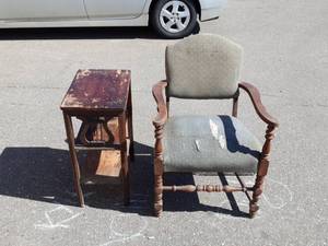 lot 30 image: Vintage Wood Frame Chair, Little Music Table 18x12x26