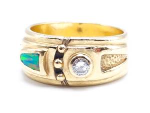 lot 12 image: Custom Diamond and Australian Opal Estate Ring in Heavy 14k Yellow Gold $4750 Retail