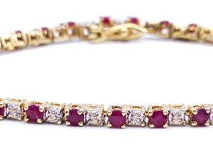 lot 16 image: Radiant Natural Ruby and Diamond Estate Tennis Bracelet in 14k Yellow Gold $3500 Retail