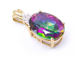 lot 48 image: Large Mystic Topaz and Diamond Estate Pendant in 10k Yellow Gold