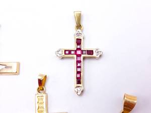 lot 59 image: Group of 14k and 10k Gold Pendants Including Natural Rubies, Diamonds, etc.