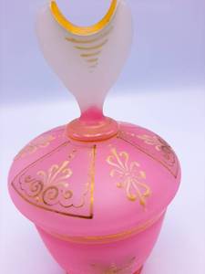 lot 68 image: Art Deco Pink Frosted Glass, Gold Gilded, Fancy Lid Container 6 Tall