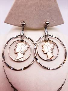 lot 83 image: Authentic Mercury Dime Earrings and Necklace in Sterling Silver