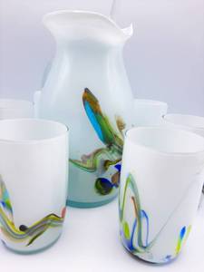 lot 13 image: Murano Style Mystical Sweet Tea Set (6) Glasses and a Pitcher