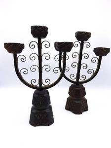 lot 11 image: (2) Hand Wrought Metal and Wood Candelabras from Spain