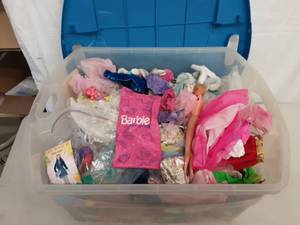 Large Bin Full Of Barbie Clothes, Accessories, Furniture. Includes Tote With Lid