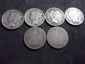 lot 83 image: 6-Dimes From 3 Different Mint Times 1839, 1849, 1899, 1901, 1924d, 1929d