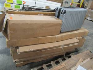 lot 221 image: WHOLESALE MIXED PALLET OF MISCELLANEOUS BED FRAME PARTS, BAMBOO FENCING, SUITCASE AND MORE