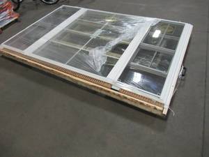 lot 230 image: PELLA Large Custom Picture Window With Double Hung Sides (From Outside View Left Glass is Shattered) Measures Approximately 99 X 63 12 X 2 From Fin.