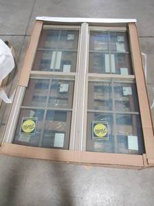 lot 231 image: Pella Custom 2-Wide Double Hung Window, Brown Exterior, Unfinished Wood Interior, Single Cam, Internal Grill. Measures Approximately 47 X 63 14 X 3 1116