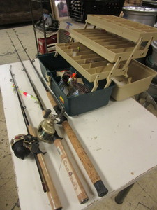 lot 155 image: GALYANS GRAPHITE RODS WITH REELS, TONY RIZZO SIGNATURE MODEL ROD, TACKLE BOX, LURES, HOOKS