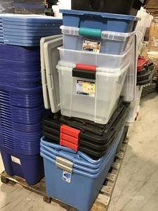 Pallet of assorted storage bins, tools boxes and more different sizes and conditions