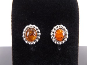 lot 78 image: .925 Sterling Silver Amber Cabochon Post Earrings