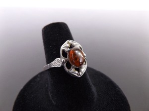 lot 34 image: .925 Sterling Silver Amber Cabochon Ring Size 7