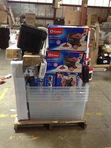 lot 5 image: Pallet of assorted Totes, O-cedar spin mop outdoor chairs and more