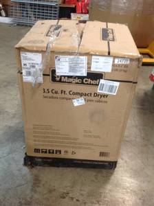 lot 23 image: Magic Chef Compact 3.5 cu. ft. Electric Dryer in White not used whit small damage on the corned