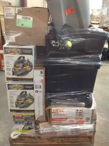 lot 19 image: Pallet of assorted hardware tools , Dum Cart,compressor, Chainsaw, and more original customer returns