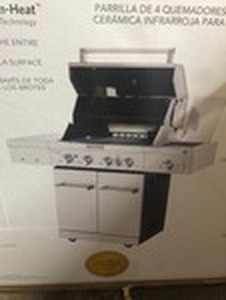 lot 101 image: KitchenAid 4-Burner Propane Gas Grill in Stainless Steel with Ceramic Searing Side Burner and Rotisserie Burner not used