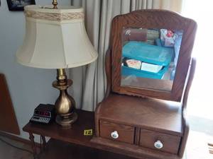 lot 12 image: Vintage Lamp With Shade, Oak Dresser OrganizerMirror, Alarm Clock