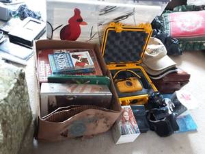 lot 23 image: Lot Of Cameras & Related, Box Of Bird & Fish Books, Painted Canvas Cardinal
