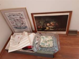 lot 39 image: Box Of Table Linens, James Peale Fruit Print 31x25, Chaska Heritage Quilt Print