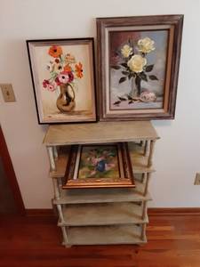 lot 40 image: Shelf 24x11x37 & 3-Framed Original Paintings